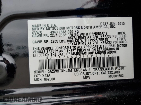 2015 Mitsubishi Outlander SE with VIN 4A4AP4AU2FE042103, listed as a Copart auction lot 64390925 with 48,369 mi miles and Salvage title. Bid and sale history available at DreamBid. Image 13.