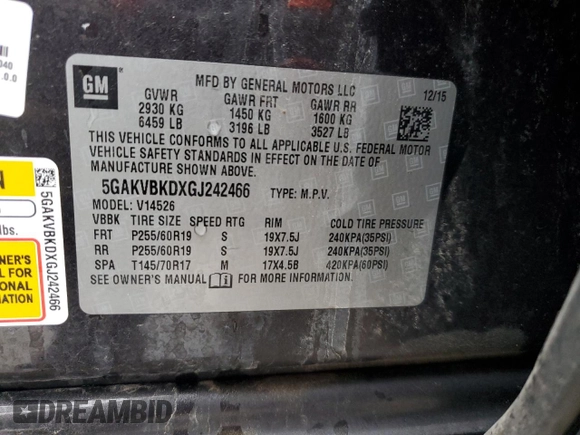 2016 Buick Enclave Leather with VIN 5GAKVBKDXGJ242466, listed as a Copart auction lot 45996885 with 137,721 mi miles and Salvage Title. Bid and sale history available at carsss.com. Image 12.