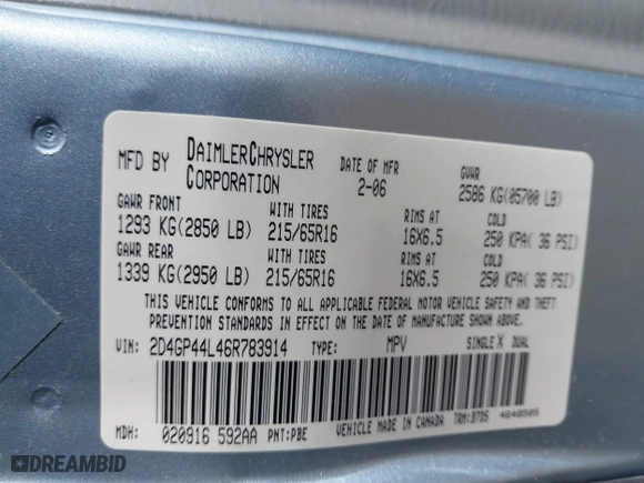 2006 Dodge Grand Caravan SXT with VIN 2D4GP44L46R783914, listed as a IAAI auction lot 41983174 with 109,609 mi miles. Bid and sale history available at carsss.com. Image 9.