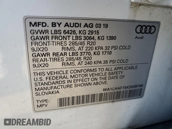 2019 Audi Q7 Premium Plus with VIN WA1LHAF75KD038765, listed as a Copart auction lot 86634074 with 82,298 mi miles and Non repairable. Bid and sale history available at DreamBid. Image 14.