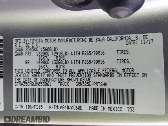 2018 Toyota Tacoma SR5 with VIN 3TMAZ5CN0JM053861, listed as a IAAI auction lot 41920377 with 104,015 mi miles and . Bid and sale history available at DreamBid. Image 9.