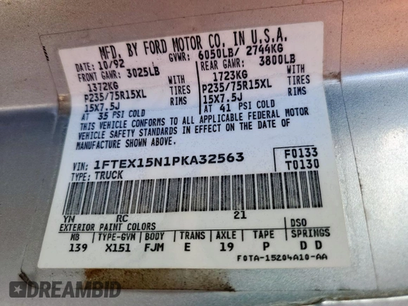 1993 Ford F-150 с VIN 1FTEX15N1PKA32563, выставлен на аукционе Copart как лот 59503795 с пробегом 227 437 миль миль и Списание • Salvage title. История ставок и продаж доступна на DreamBid. Изображение 12.
