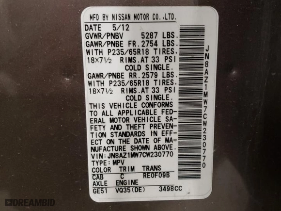 2012 Nissan Murano LE with VIN JN8AZ1MW7CW230770, listed as a Copart auction lot 86133794 with 163,974 mi miles and Salvage Title. Bid and sale history available at carsss.com. Image 13.
