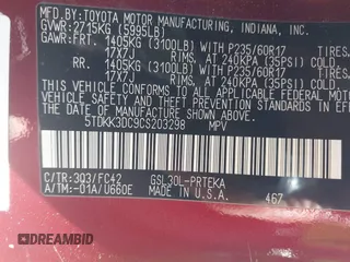 2012 Toyota Sienna LE AAS with VIN 5TDKK3DC9CS203298, listed as a IAAI auction lot 42070158 with 266,202 mi miles and . Bid and sale history available at DreamBid. Image 9.