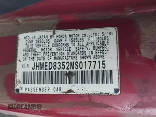 1991 Honda Civic z VIN JHMED8352MS017715, wystawiony jako IAAI lot #42007974 z przebiegiem 185 009 mil mil oraz . Historia ofert i sprzedaży dostępna na DreamBid. Obrazek 9.