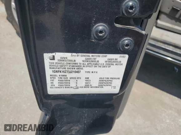 2003 Chevrolet Suburban LT with VIN 1GNFK16Z73J210407, listed as a Copart auction lot 62556615 with 231,529 mi miles and Salvage title. Bid and sale history available at DreamBid. Image 13.