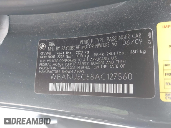2010 BMW 5 Series 528i with VIN WBANU5C58AC127560, listed as a IAAI auction lot 42057791 with 78,475 mi miles and . Bid and sale history available at carsss.com. Image 9.