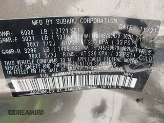 2022 Subaru Ascent Touring с VIN 4S4WMARD1N3409507, выставлен на аукционе IAAI как лот 42108549 с пробегом 61 928 миль миль и . История ставок и продаж доступна на DreamBid. Изображение 9.