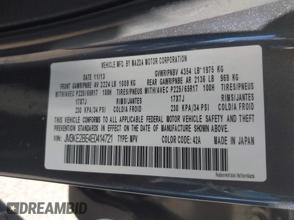 2014 Mazda CX-5 Sport with VIN JM3KE2BE4E0414721, listed as a IAAI auction lot 41408914 with Not Provided miles and . Bid and sale history available at carsss.com. Image 9.