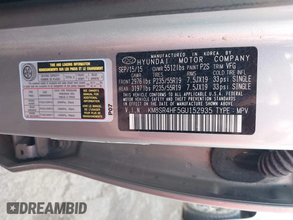 2016 Hyundai Santa Fe SE with VIN KM8SR4HF5GU152935, listed as a IAAI auction lot 41723273 with 166,356 mi miles. Bid and sale history available at carsss.com. Image 9.