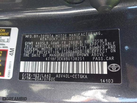 2011 Toyota Camry LE with VIN 4T1BF3EK8BU138251, listed as a IAAI auction lot 41801473 with 124,498 mi miles. Bid and sale history available at carsss.com. Image 9.