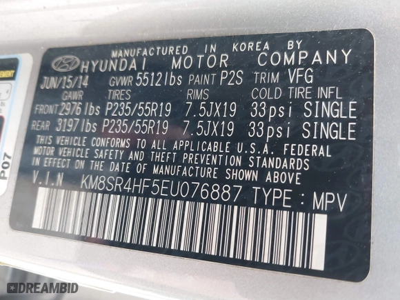 2014 Hyundai Santa Fe Limited with VIN KM8SR4HF5EU076887, listed as a IAAI auction lot 41900374 with 124,346 mi miles. Bid and sale history available at carsss.com. Image 9.
