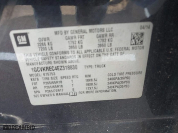 2014 Chevrolet Silverado 1500 LT with VIN 1GCVKREC4EZ318830, listed as a IAAI auction lot 41986237 with 118,134 mi miles. Bid and sale history available at carsss.com. Image 9.
