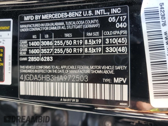 2017 Mercedes-Benz GLE 350 with VIN 4JGDA5HB3HA972503, listed as a Copart auction lot 61898535 with 104,507 mi miles and Salvage title. Bid and sale history available at DreamBid. Image 13.