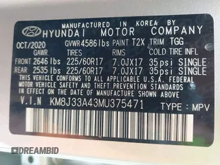 2021 Hyundai Tucson Value z VIN KM8J33A43MU375471, wystawiony jako IAAI lot #42162301 z przebiegiem 48 654 mil mil oraz . Historia ofert i sprzedaży dostępna na DreamBid. Obrazek 9.