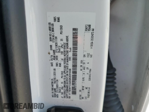 2016 Ford F-150 XL with VIN 1FTEW1CG3GKE81606, listed as a Copart auction lot 47375895 with 121,650 mi miles and Salvage Title. Bid and sale history available at DreamBid. Image 12.