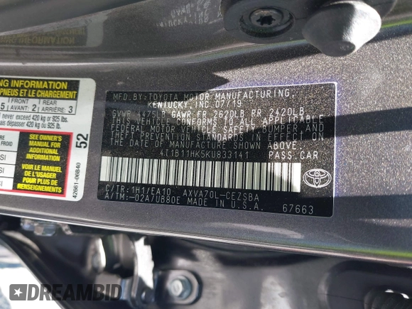 2019 Toyota Camry LE z VIN 4T1B11HK5KU833141, wystawiony jako IAAI lot #42489827 z przebiegiem 24 258 mil mil oraz . Historia ofert i sprzedaży dostępna na DreamBid. Obrazek 9.