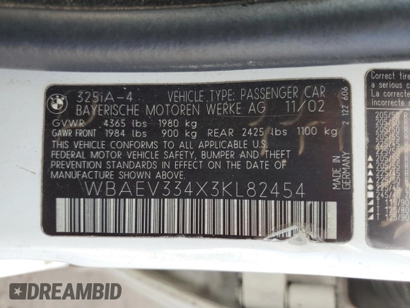 2003 BMW 3 Series 325i with VIN WBAEV334X3KL82454, listed as a Copart auction lot 82463474 with 180,919 mi miles and Salvage Title. Bid and sale history available at carsss.com. Image 12.