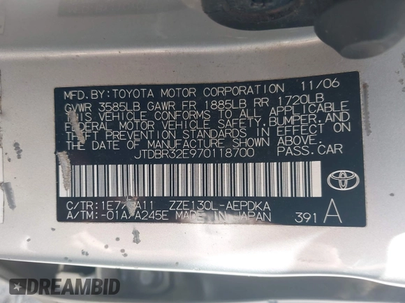 2007 Toyota Corolla CE with VIN JTDBR32E970118700, listed as a IAAI auction lot 42369005 with 191,940 mi miles and . Bid and sale history available at DreamBid. Image 9.