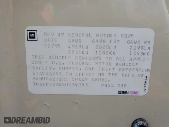 1995 Cadillac DeVille z VIN 1G6KD52B8SU274053, wystawiony jako Copart lot #86429934 z przebiegiem 100 496 mil mil oraz Szkoda całkowita • Salvage title. Historia ofert i sprzedaży dostępna na DreamBid. Obrazek 14.