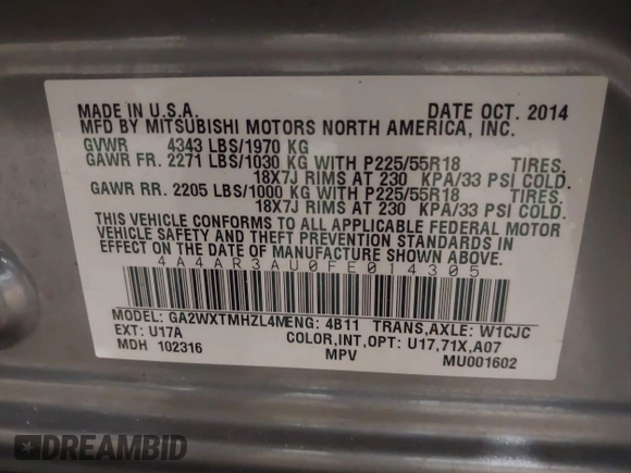 2015 Mitsubishi Outlander Sport ES with VIN 4A4AR3AU0FE014305, listed as a IAAI auction lot 41808030 with 90,753 mi miles. Bid and sale history available at carsss.com. Image 9.