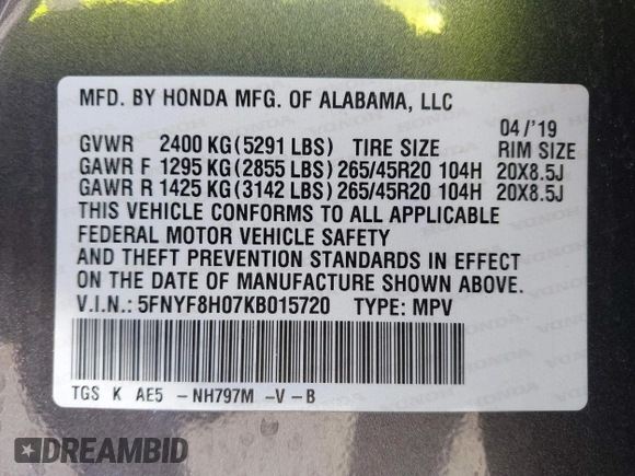 2019 Honda Passport Elite z VIN 5FNYF8H07KB015720, wystawiony jako IAAI lot #41221298 z przebiegiem 65 747 mil mil oraz . Historia ofert i sprzedaży dostępna na DreamBid. Obrazek 9.