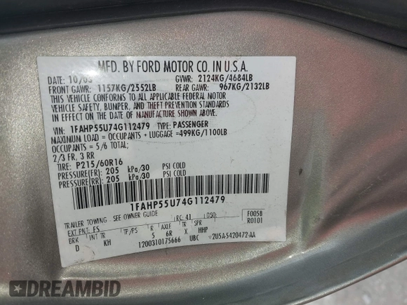 2004 Ford Taurus z VIN 1FAHP55U74G112479, wystawiony jako IAAI lot #42207775 z przebiegiem 97 491 mil mil oraz . Historia ofert i sprzedaży dostępna na DreamBid. Obrazek 9.