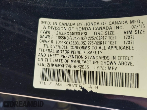 2015 Honda CR-V EX-L with VIN 2HKRM4H74FH682655, listed as a IAAI auction lot 41312452 with 161,587 mi miles. Bid and sale history available at carsss.com. Image 9.