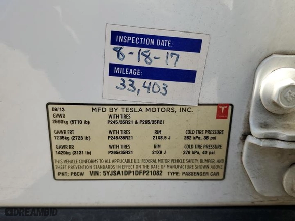 2013 Tesla Model S Performance with VIN 5YJSA1DP1DFP21082, listed as a Copart auction lot 46040205 with 141685 miles and Salvage Title. Bid and sale history available at carsss.com. Image 13.