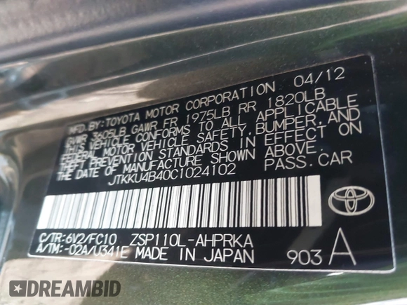 2012 Scion xD with VIN JTKKU4B40C1024102, listed as a IAAI auction lot 41886534 with 110,183 mi miles and . Bid and sale history available at DreamBid. Image 9.