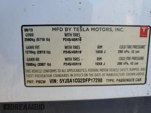 2013 Tesla Model S with VIN 5YJSA1CG2DFP17298, listed as a Copart auction lot 89166515 with 57,615 mi miles and Salvage Title. Bid and sale history available at carsss.com. Image 14.