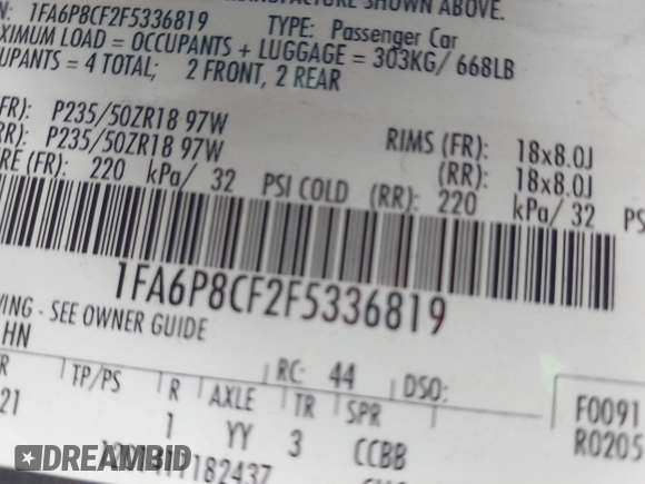 2015 Ford Mustang GT with VIN 1FA6P8CF2F5336819, listed as a IAAI auction lot 42636063 with 116,338 mi miles and . Bid and sale history available at DreamBid. Image 9.