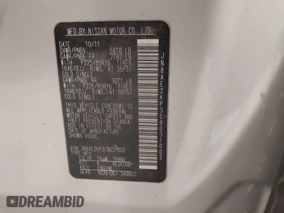 2012 Nissan Quest SL with VIN JN8AE2KP3C9031002, listed as a IAAI auction lot 42000087 with 107,595 mi miles. Bid and sale history available at carsss.com. Image 9.
