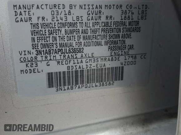 2018 Nissan Sentra SV with VIN 3N1AB7AP0JL638582, listed as a Copart auction lot 46066215 with 105,638 mi miles and Salvage Title. Bid and sale history available at carsss.com. Image 14.