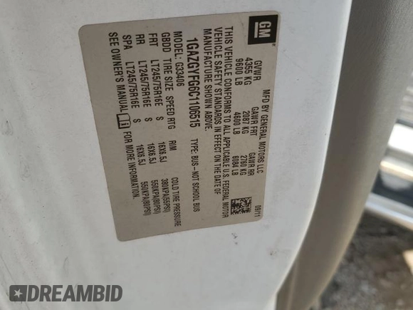 2012 Chevrolet Express Passenger 1LT with VIN 1GAZGYFG6C1106515, listed as a Copart auction lot 78206674 with 185,501 mi miles and Salvage title. Bid and sale history available at DreamBid. Image 13.