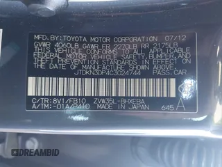 2012 Toyota Prius with VIN JTDKN3DP4C3024744, listed as a IAAI auction lot 41824675 with 107,837 mi miles and . Bid and sale history available at DreamBid. Image 9.