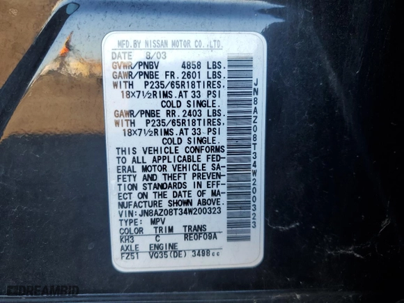 2004 Nissan Murano SL with VIN JN8AZ08T34W200323, listed as a Copart auction lot 44267985 with 100,390 mi miles and Salvage Title. Bid and sale history available at carsss.com. Image 15.