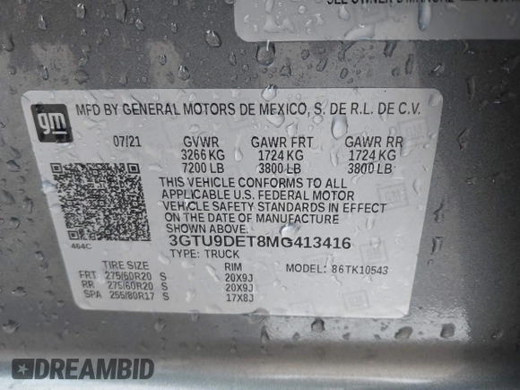 2021 GMC Sierra 1500 SLT z VIN 3GTU9DET8MG413416, wystawiony jako IAAI lot #41935465 z przebiegiem 70 547 mil mil oraz . Historia ofert i sprzedaży dostępna na DreamBid. Obrazek 9.