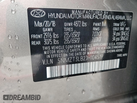 2018 Hyundai Santa Fe 2.4L z VIN 5NMZT3LB2JH104519, wystawiony jako Copart lot #60915715 z przebiegiem Nie podano mil oraz Szkoda całkowita • Salvage title. Historia ofert i sprzedaży dostępna na DreamBid. Obrazek 12.