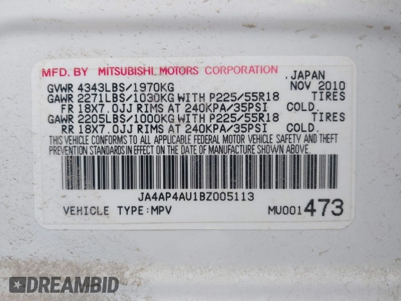 2011 Mitsubishi Outlander Sport SE with VIN JA4AP4AU1BZ005113, listed as a IAAI auction lot 40390111 with 152,712 mi miles. Bid and sale history available at carsss.com. Image 9.