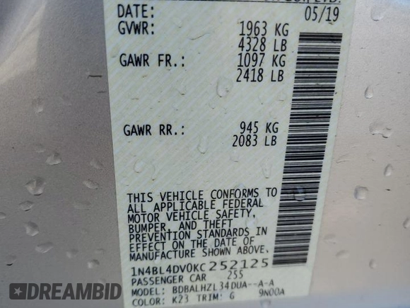 2019 Nissan Altima 2.5 SV with VIN 1N4BL4DV0KC252125, listed as a Copart auction lot 52453145 with 76,579 mi miles and Salvage Title. Bid and sale history available at carsss.com. Image 13.