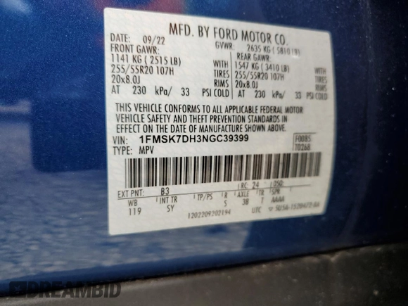 2022 Ford Explorer XLT with VIN 1FMSK7DH3NGC39399, listed as a Copart auction lot 48873565 with 3,262 mi miles and Salvage Title. Bid and sale history available at carsss.com. Image 13.