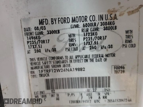 2004 Ford F-150 XL with VIN 1FTRF12W24NA19882, listed as a Copart auction lot 52849985 with 226,454 mi miles and Salvage Title. Bid and sale history available at carsss.com. Image 14.