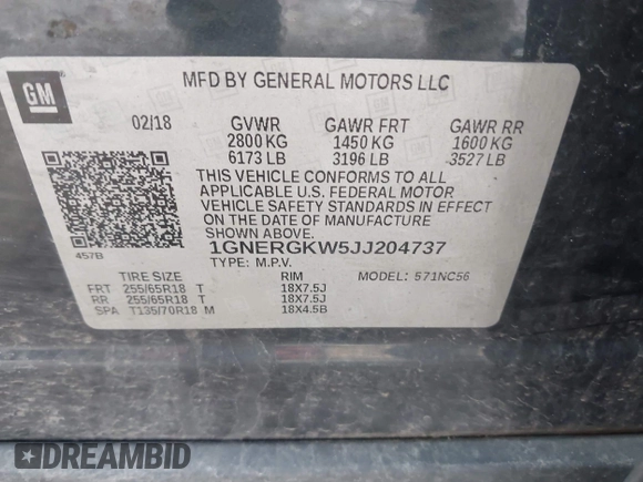 2018 Chevrolet Traverse LT Cloth with VIN 1GNERGKW5JJ204737, listed as a IAAI auction lot 42019256 with 172,064 mi miles. Bid and sale history available at carsss.com. Image 9.