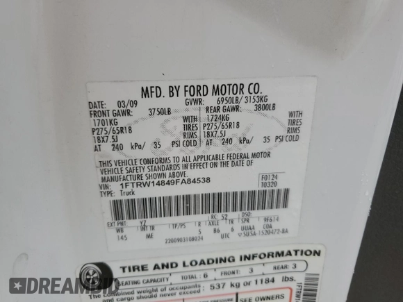 2009 Ford F-150 XL with VIN 1FTRW14849FA84538, listed as a Copart auction lot 51106215 with 165,411 mi miles and Clean title. Bid and sale history available at DreamBid. Image 12.