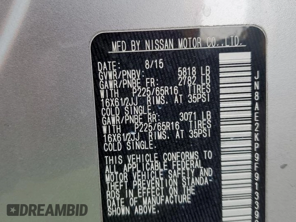 2015 Nissan Quest SV with VIN JN8AE2KP9F9133991, listed as a Copart auction lot 45724745 with 101,052 mi miles and Salvage Title. Bid and sale history available at carsss.com. Image 14.