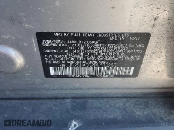 2013 Subaru Forester 2.5X Premium with VIN JF2SHADC2DH433260, listed as a Copart auction lot 41915785 with 60,063 mi miles and Clean Title. Bid and sale history available at carsss.com. Image 13.