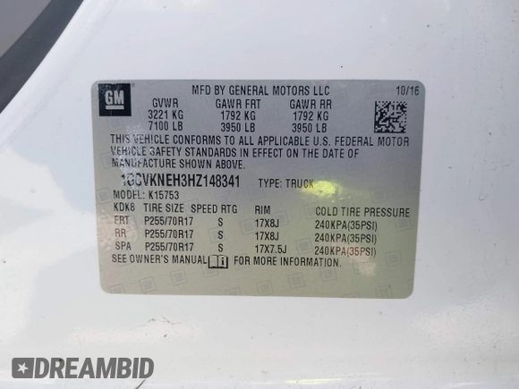 2017 Chevrolet Silverado 1500 Work Truck with VIN 1GCVKNEH3HZ148341, listed as a IAAI auction lot 41907042 with 180,050 mi miles. Bid and sale history available at carsss.com. Image 9.