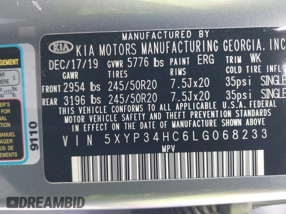 2020 Kia Telluride EX z VIN 5XYP34HC6LG068233, wystawiony jako IAAI lot #42370717 z przebiegiem 27 329 mil mil oraz . Historia ofert i sprzedaży dostępna na DreamBid. Obrazek 9.