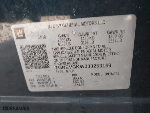 2018 Chevrolet Traverse LT Cloth with VIN 1GNEVGKW3JJ253169, listed as a IAAI auction lot 41672773 with 154,813 mi miles. Bid and sale history available at carsss.com. Image 9.